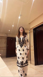 White & Black Maslin Embroidered Kurta Palazzo Set for Women