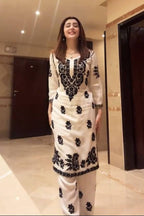 White & Black Maslin Embroidered Kurta Palazzo Set for Women