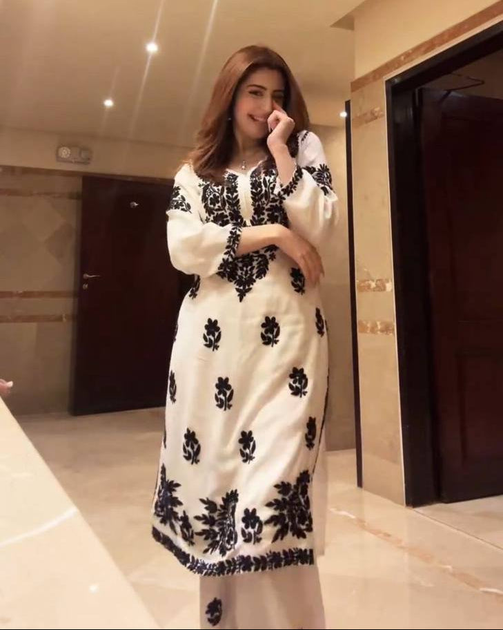 White & Black Maslin Embroidered Kurta Palazzo Set for Women