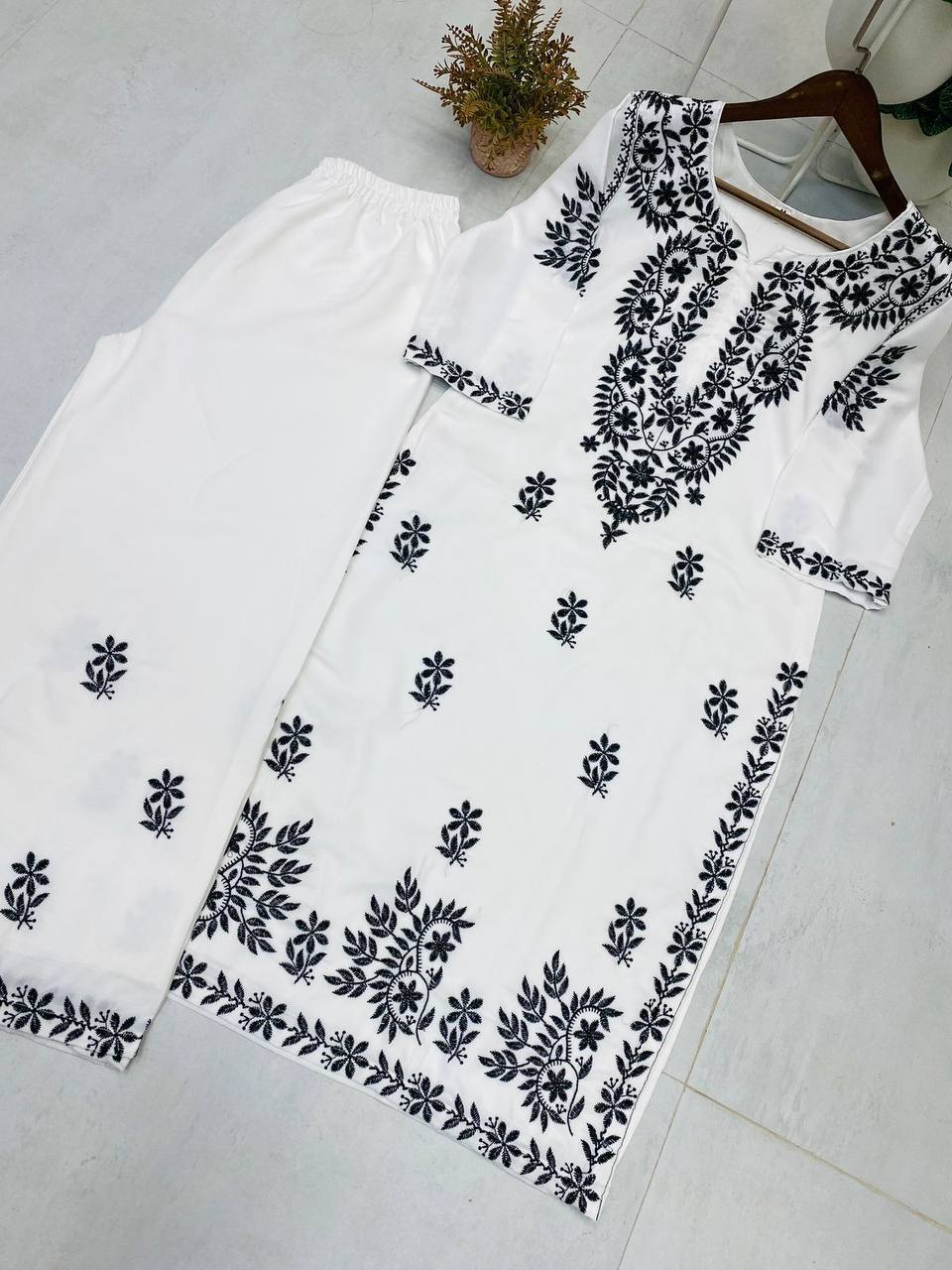 White & Black Maslin Embroidered Kurta Palazzo Set for Women