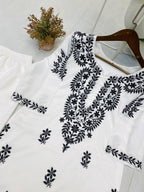 White & Black Maslin Embroidered Kurta Palazzo Set for Women
