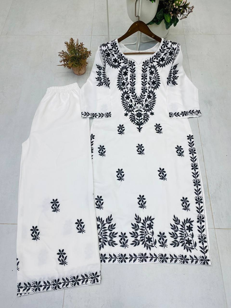 White & Black Maslin Embroidered Kurta Palazzo Set for Women