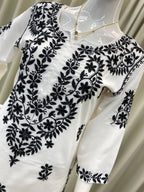 White & Black Maslin Embroidered Kurta Palazzo Set for Women