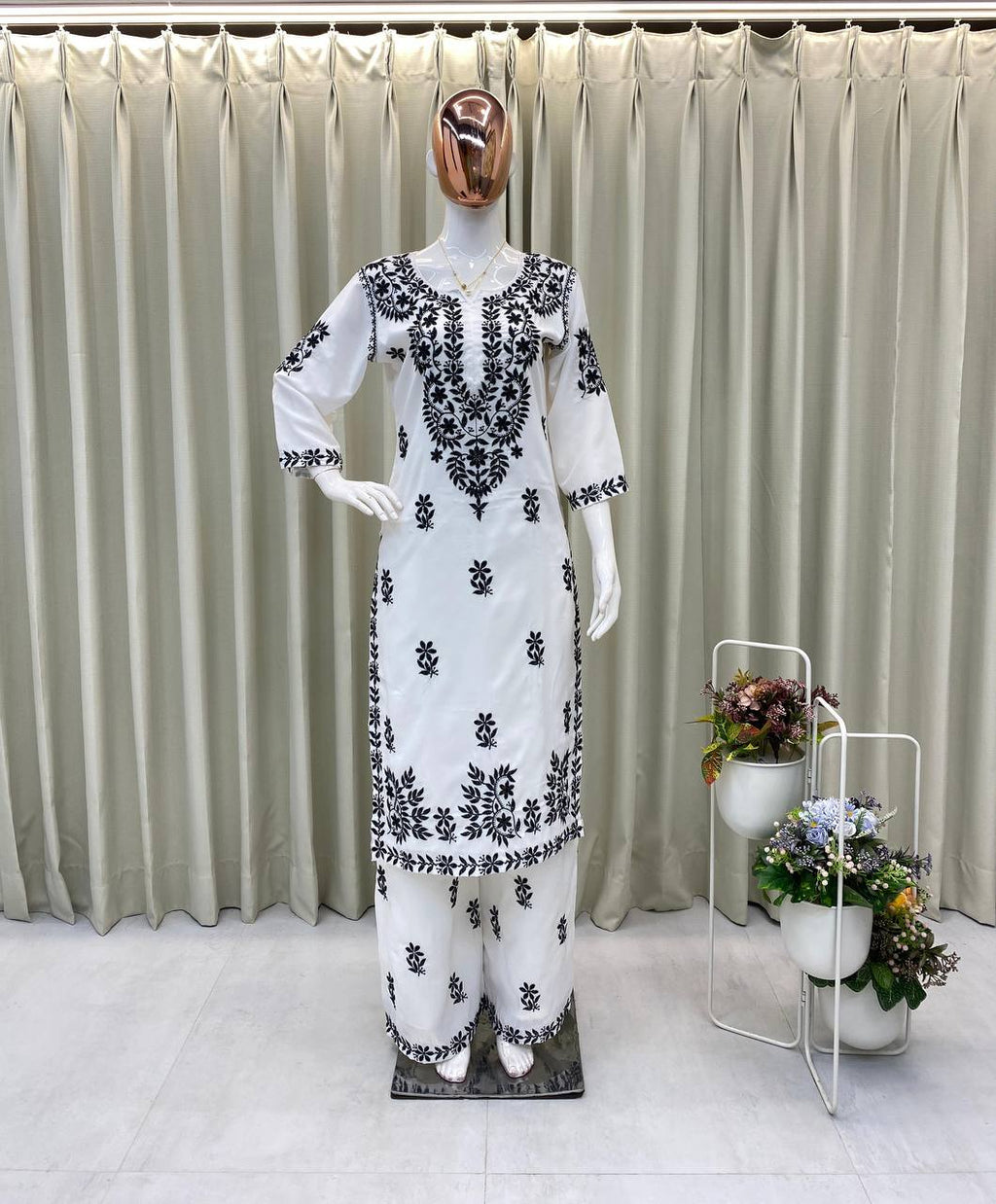 White & Black Maslin Embroidered Kurta Palazzo Set for Women