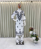 White & Black Maslin Embroidered Kurta Palazzo Set for Women