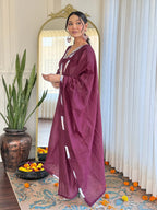 Maroon & White French Crepe Embroidered Kurti Set with Pant & Dupatta for Women