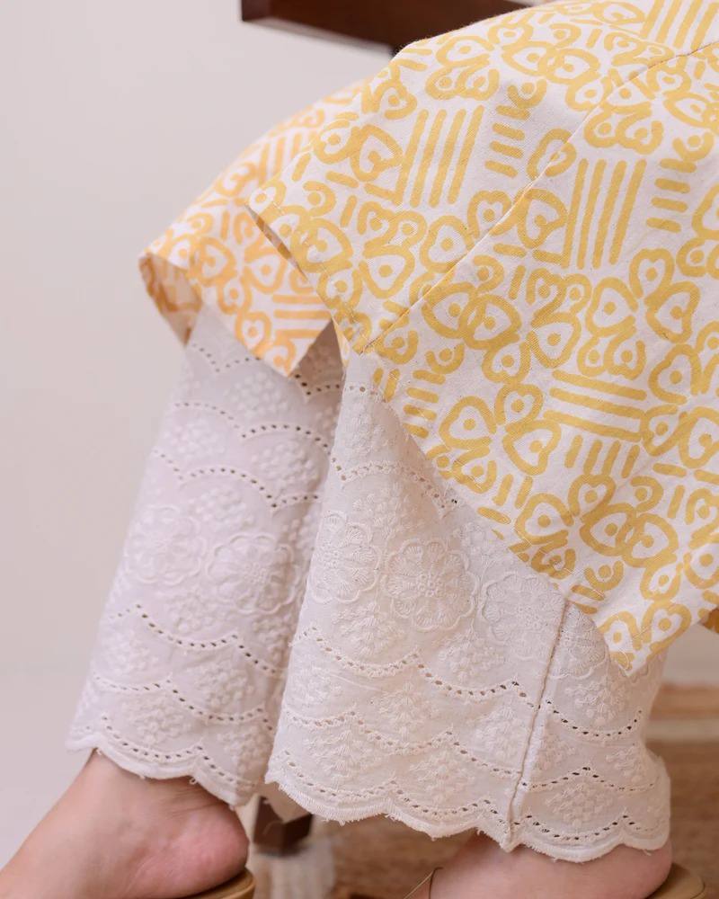 Yellow Cotton Floral Printed Kurta Set with Pant for Women