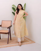 Yellow Cotton Floral Printed Kurta Set with Pant for Women