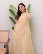 Yellow Cotton Floral Printed Kurta Set with Pant for Women