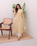 Yellow Cotton Floral Printed Kurta Set with Pant for Women