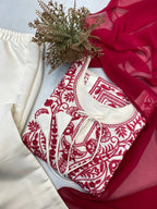 White & Maroon Roman Silk Embroidered Suit Set with Pant & Dupatta for Women