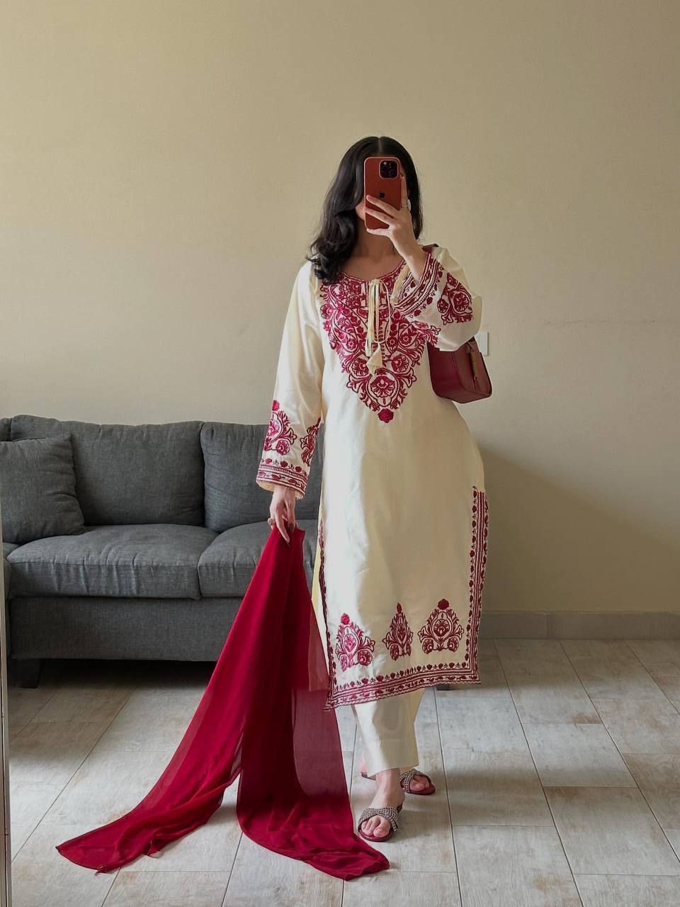 White & Maroon Roman Silk Embroidered Suit Set with Pant & Dupatta for Women