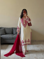 White & Maroon Roman Silk Embroidered Suit Set with Pant & Dupatta for Women