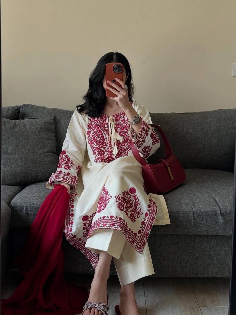 White & Maroon Roman Silk Embroidered Suit Set with Pant & Dupatta for Women