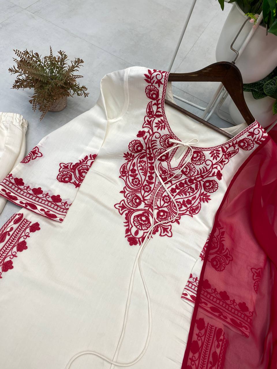 White & Maroon Roman Silk Embroidered Suit Set with Pant & Dupatta for Women