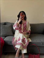 White & Maroon Roman Silk Embroidered Suit Set with Pant & Dupatta for Women