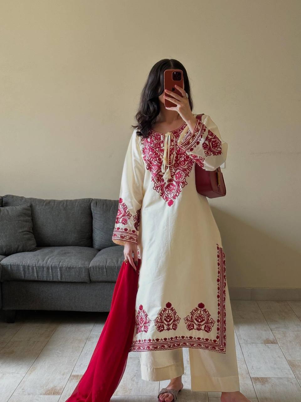 White & Maroon Roman Silk Embroidered Suit Set with Pant & Dupatta for Women