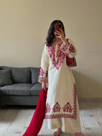 White & Maroon Roman Silk Embroidered Suit Set with Pant & Dupatta for Women