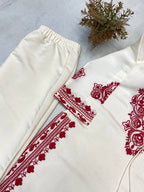 White & Maroon Roman Silk Embroidered Suit Set with Pant & Dupatta for Women