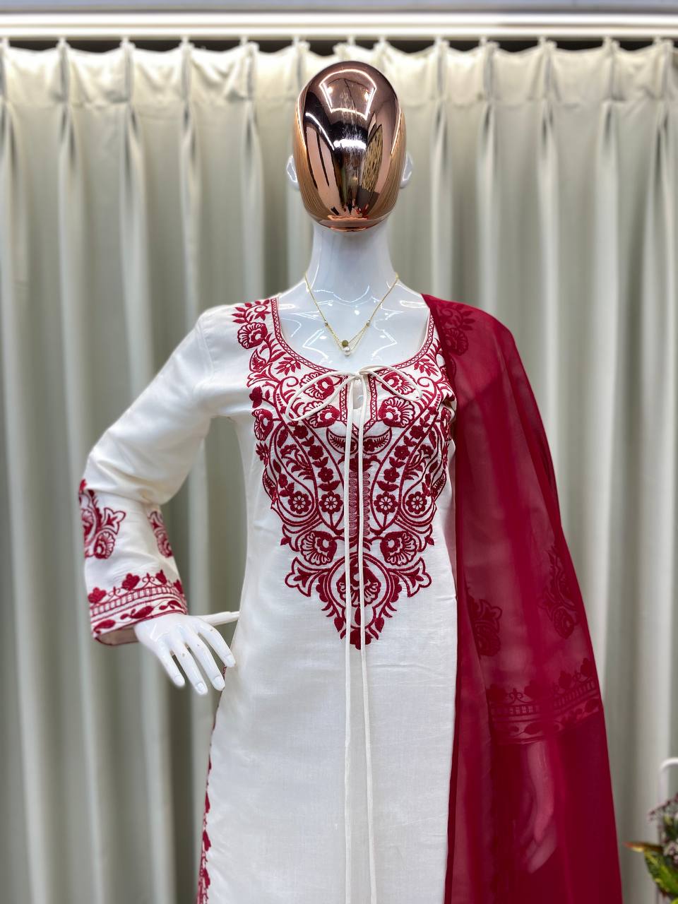White & Maroon Roman Silk Embroidered Suit Set with Pant & Dupatta for Women