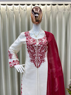 White & Maroon Roman Silk Embroidered Suit Set with Pant & Dupatta for Women
