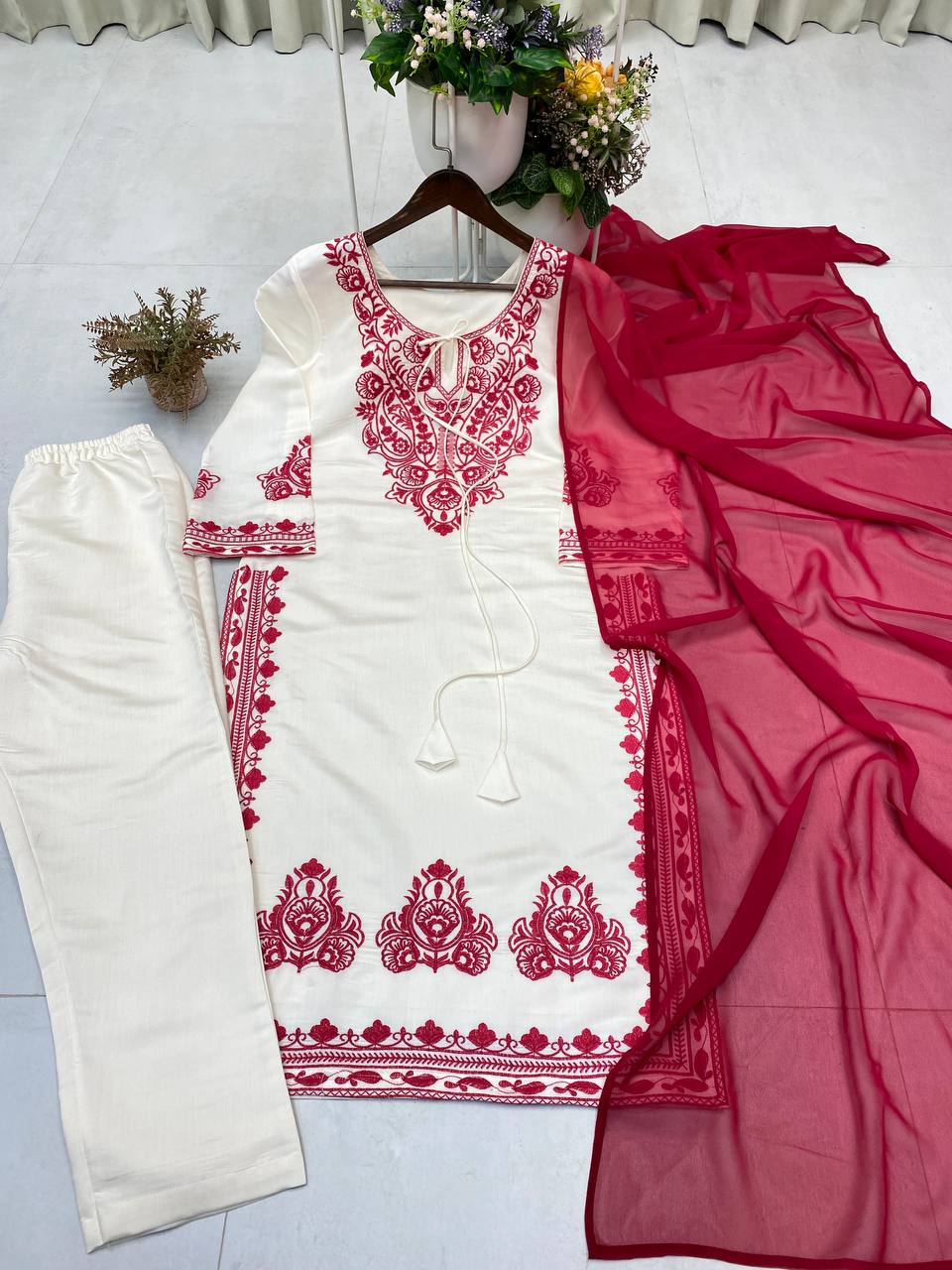 White & Maroon Roman Silk Embroidered Suit Set with Pant & Dupatta for Women