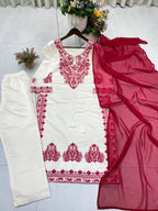 White & Maroon Roman Silk Embroidered Suit Set with Pant & Dupatta for Women