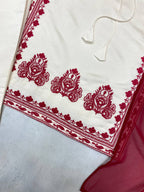 White & Maroon Roman Silk Embroidered Suit Set with Pant & Dupatta for Women