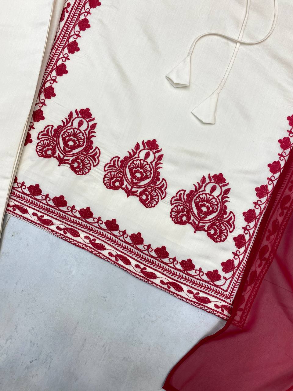White & Maroon Roman Silk Embroidered Suit Set with Pant & Dupatta for Women