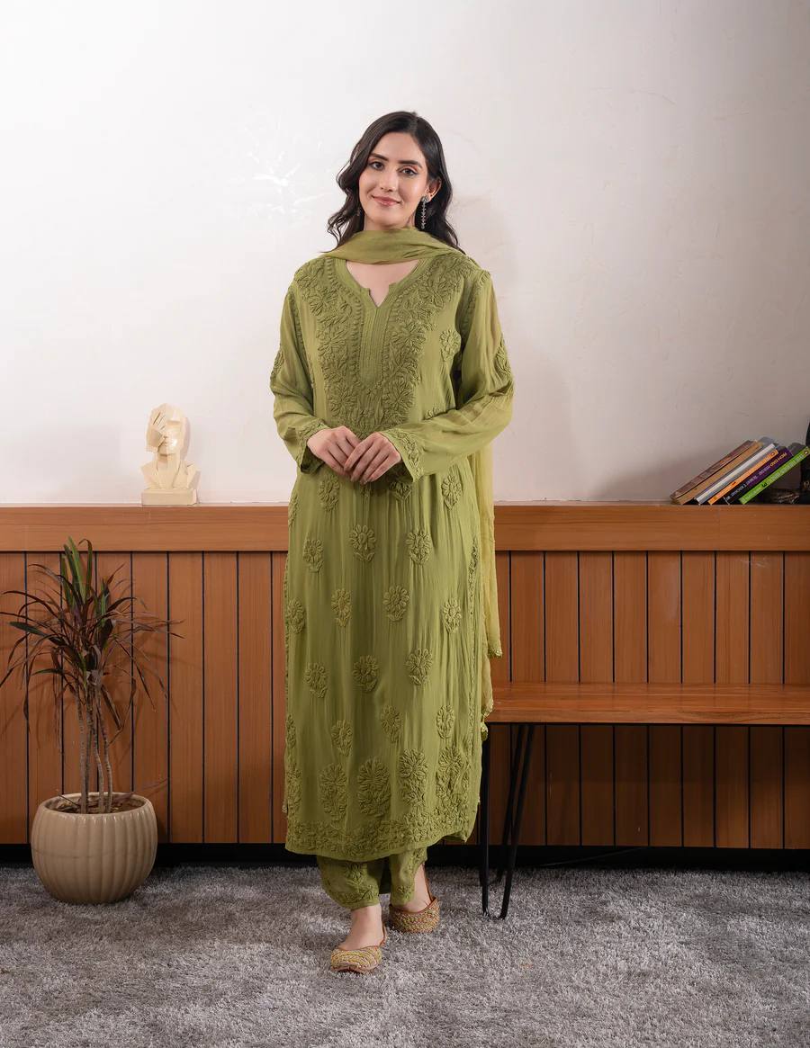 Green Georgette Chikankari Embroidered Kurti Set with Pant & Dupatta for Women