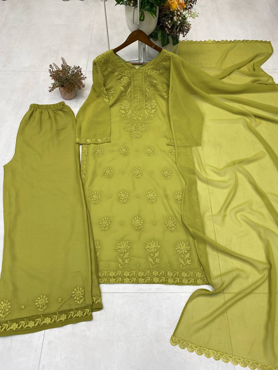 Georgette Chikankari Embroidered Kurti Set with Pant & Dupatta