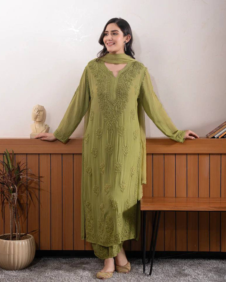 Georgette Chikankari Embroidered Kurti Set with Pant & Dupatta