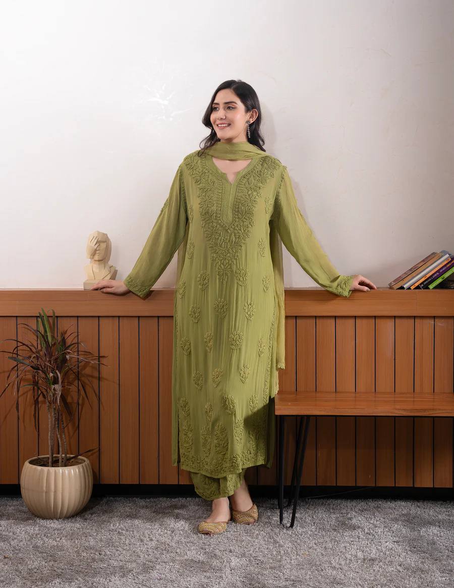Green Georgette Chikankari Embroidered Kurti Set with Pant & Dupatta for Women