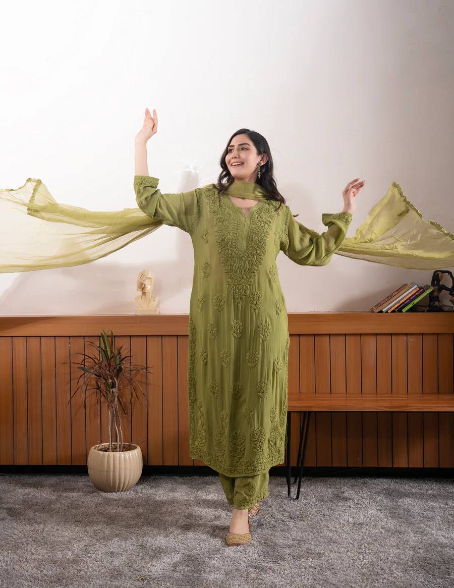 Green Georgette Chikankari Embroidered Kurti Set with Pant & Dupatta for Women