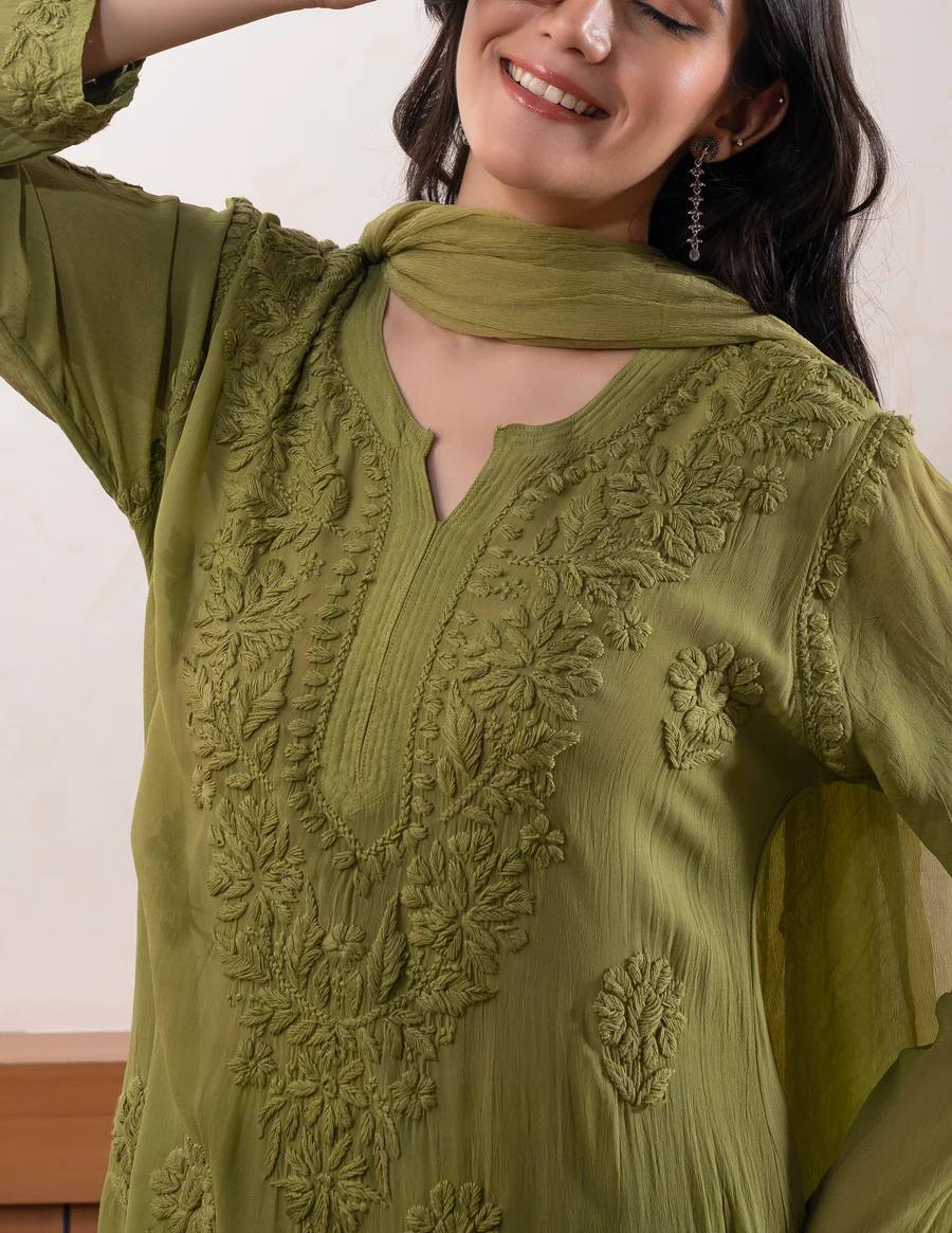 Green Georgette Chikankari Embroidered Kurti Set with Pant & Dupatta for Women