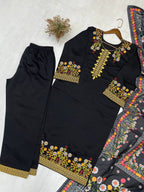 Black Roman Silk Embroidered Kurta Palazzo Set with Dupatta for Women