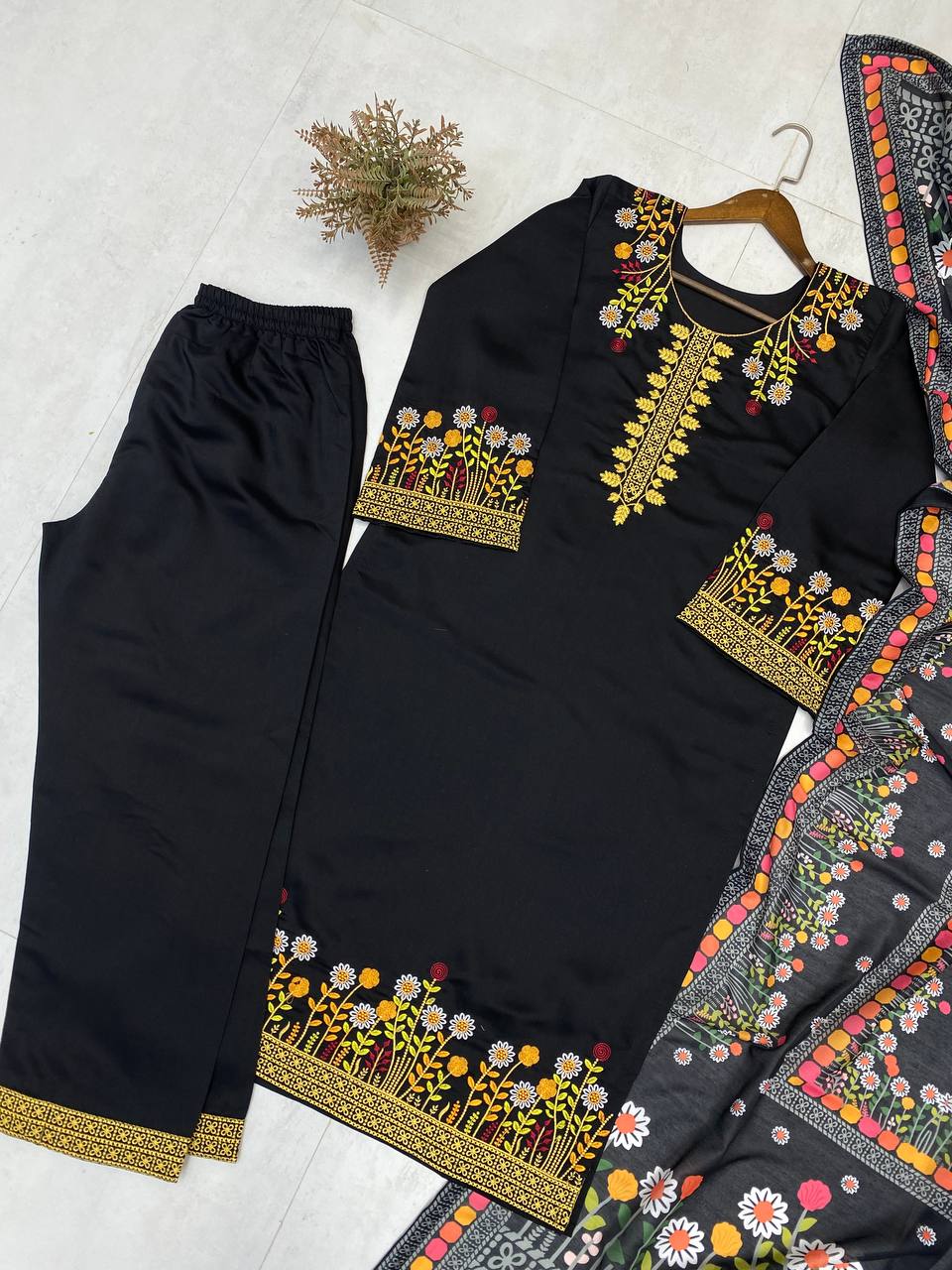 Black Roman Silk Embroidered Kurta Palazzo Set with Dupatta for Women