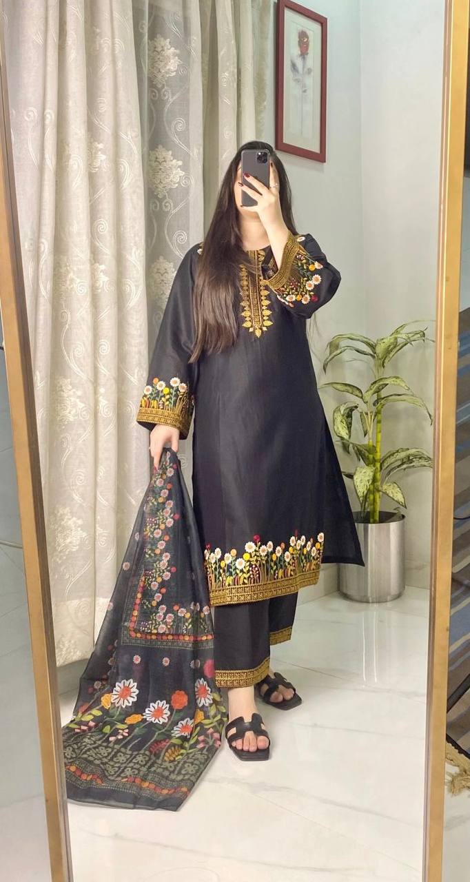 Black Roman Silk Embroidered Kurta Palazzo Set with Dupatta for Women