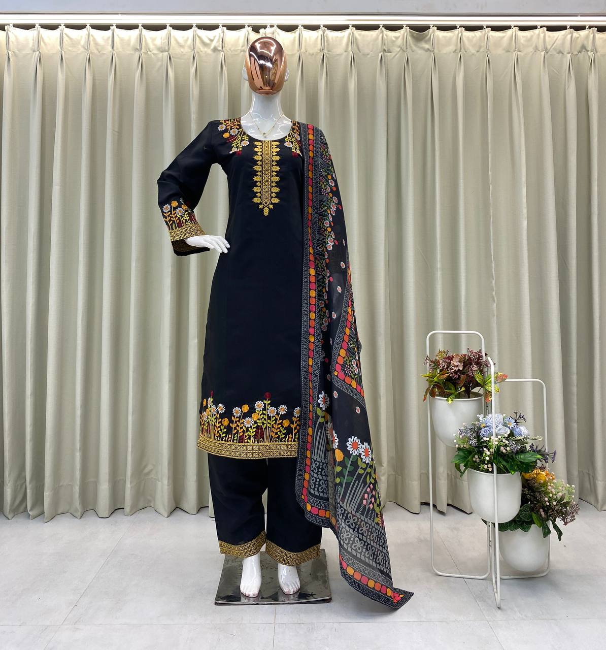 Black Roman Silk Embroidered Kurta Palazzo Set with Dupatta for Women