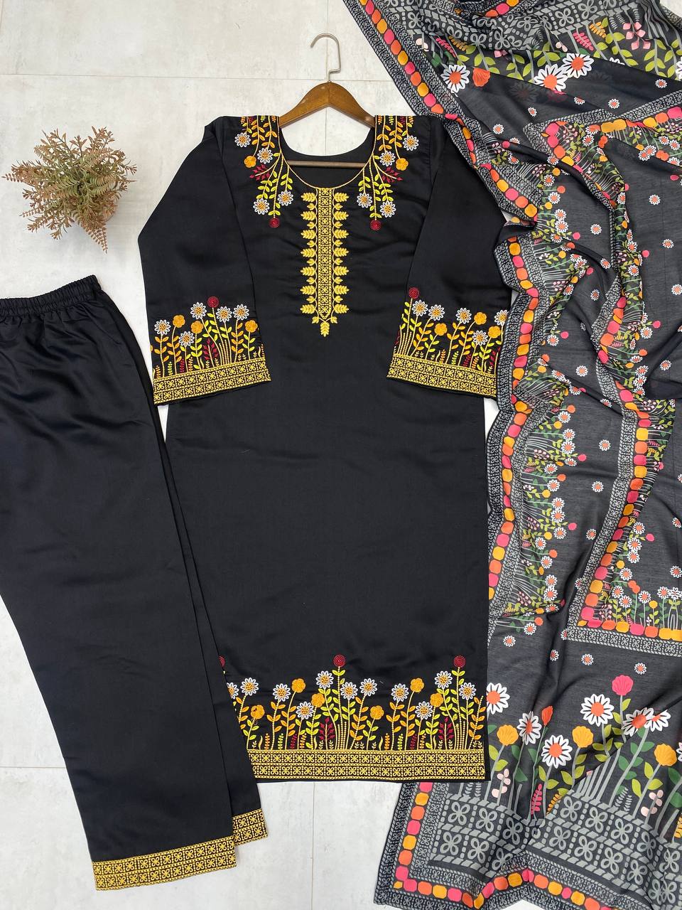 Black Roman Silk Embroidered Kurta Palazzo Set with Dupatta for Women