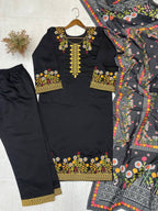 Black Roman Silk Embroidered Kurta Palazzo Set with Dupatta for Women