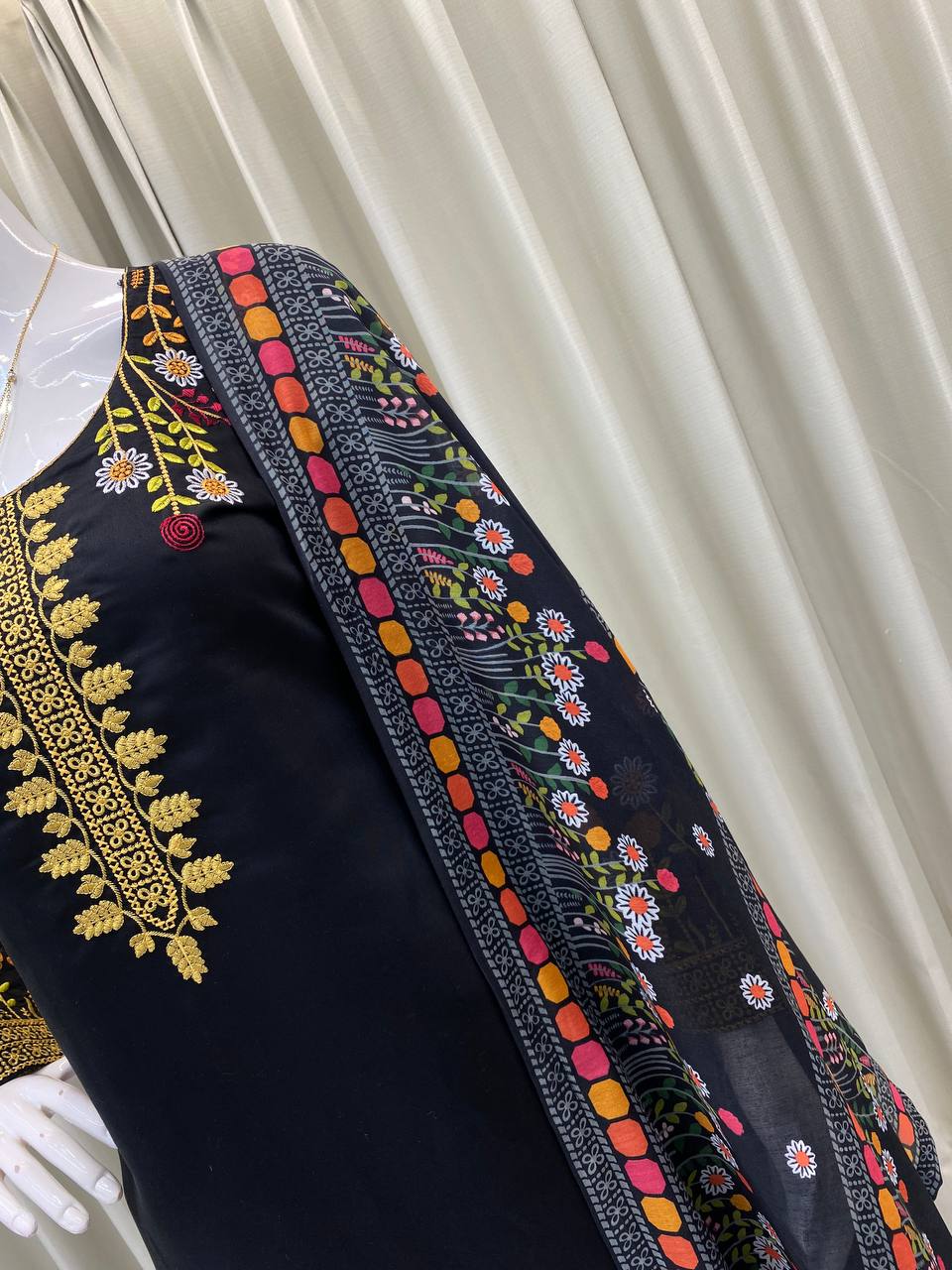 Black Roman Silk Embroidered Kurta Palazzo Set with Dupatta for Women