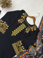 Black Roman Silk Embroidered Kurta Palazzo Set with Dupatta for Women