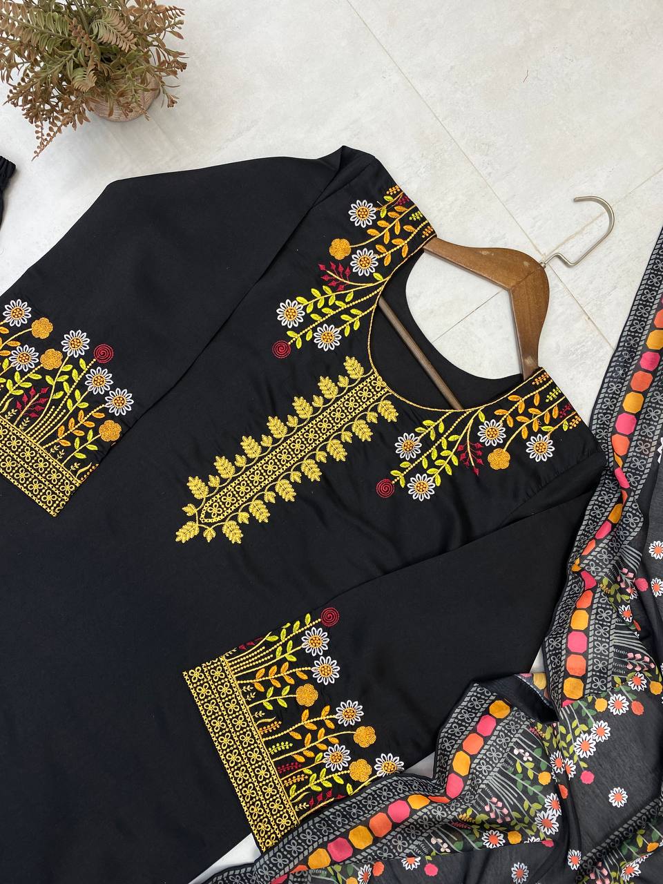 Black Roman Silk Embroidered Kurta Palazzo Set with Dupatta for Women