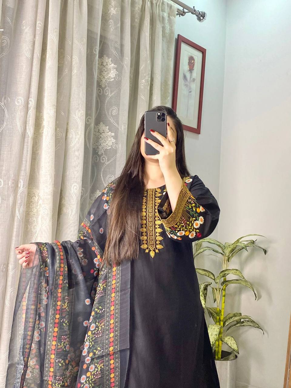 Black Roman Silk Embroidered Kurta Palazzo Set with Dupatta for Women