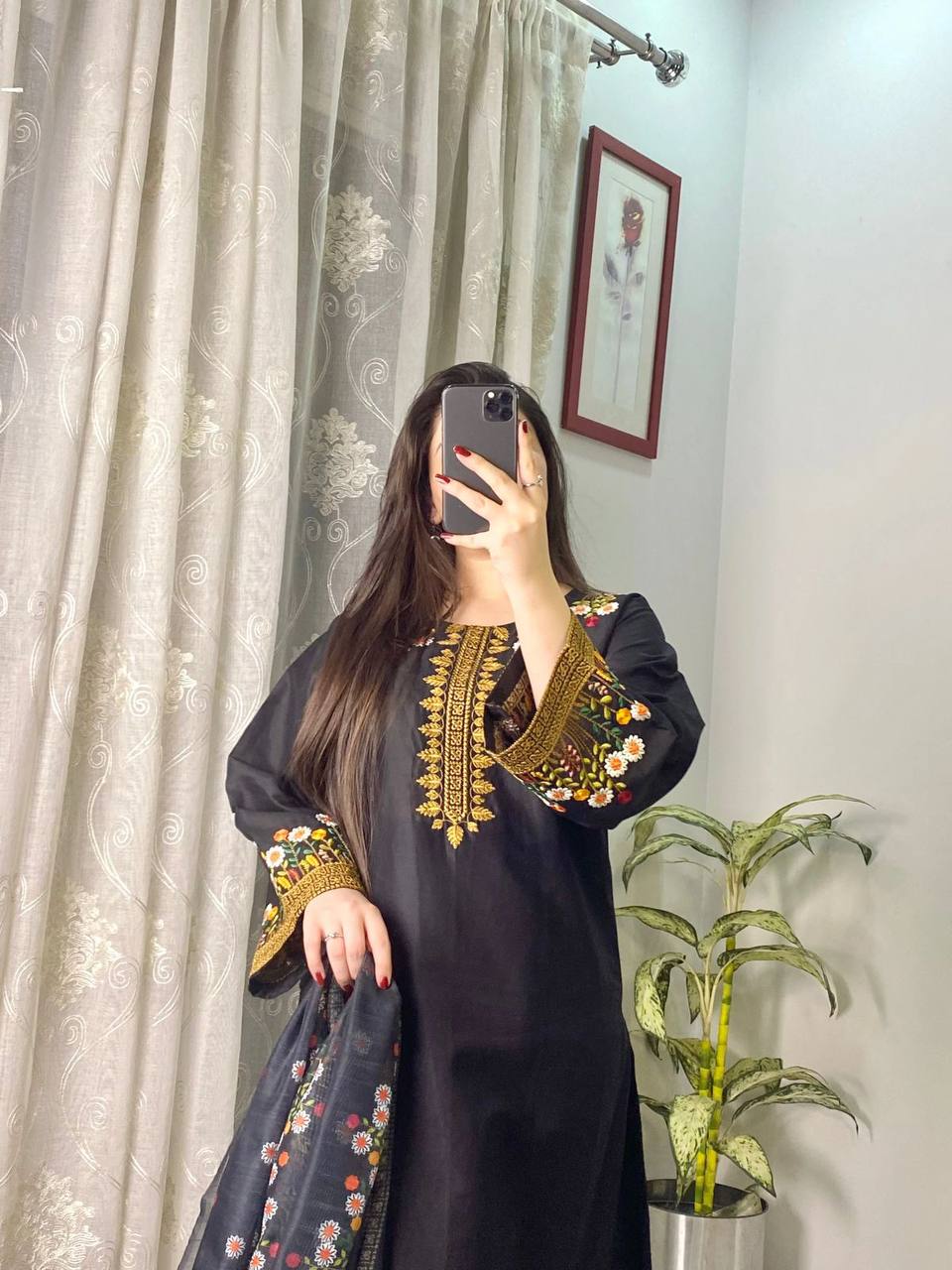 Black Roman Silk Embroidered Kurta Palazzo Set with Dupatta for Women