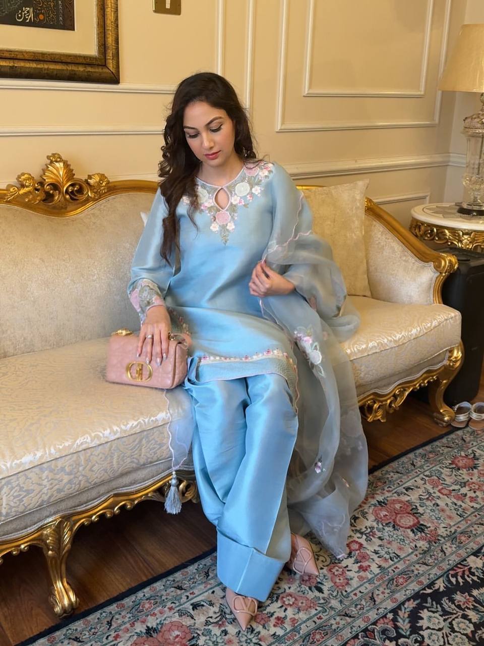 Sky Blue French Crepe Thread Embroidered Kurti Set with Pant & Dupatta for Women