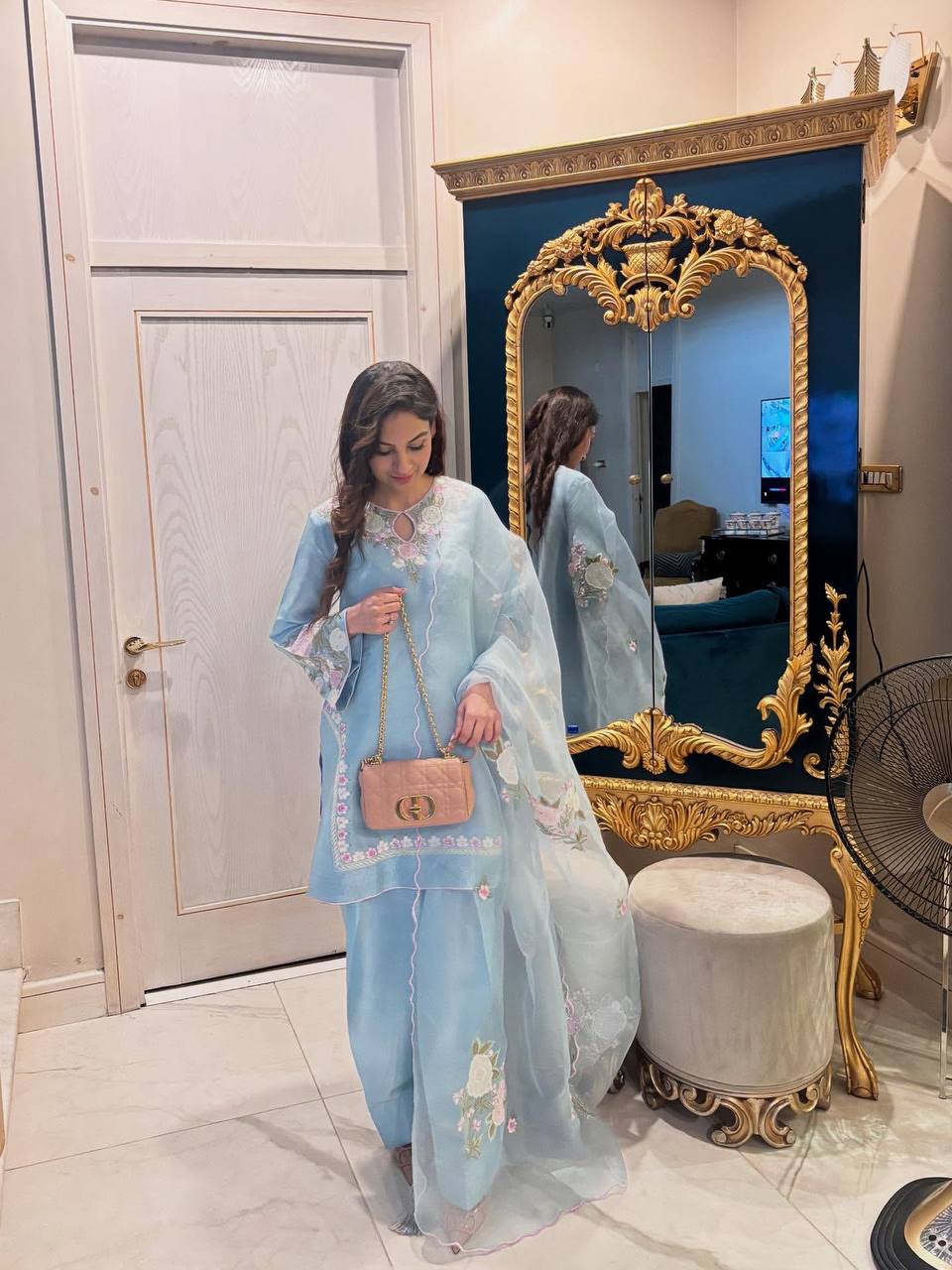 Sky Blue French Crepe Thread Embroidered Kurti Set with Pant & Dupatta for Women