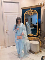 Sky Blue French Crepe Thread Embroidered Kurti Set with Pant & Dupatta for Women