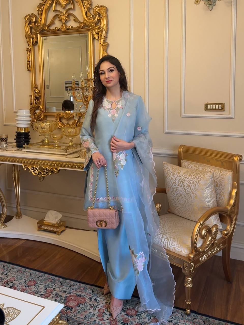 Sky Blue French Crepe Thread Embroidered Kurti Set with Pant & Dupatta for Women